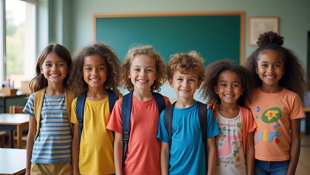 Flat Happy diverse junior school students stand in classroom smiling and posing for a group portrait representing multiethnic cool kids boys and girls friends in an educational env Act 2 photo