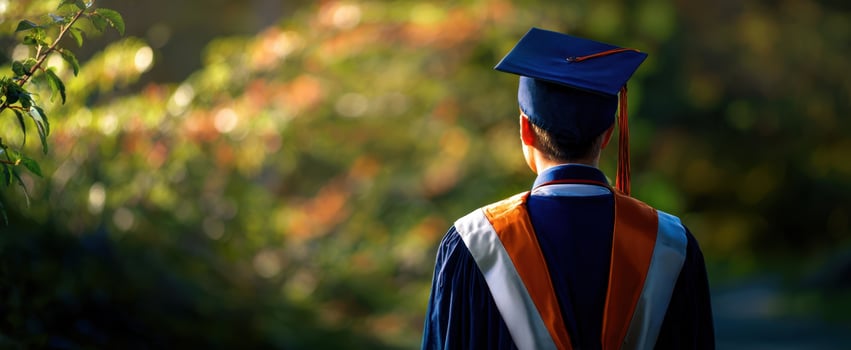 The graduate standing in the sunlight, contemplating a bright future ahead. photo