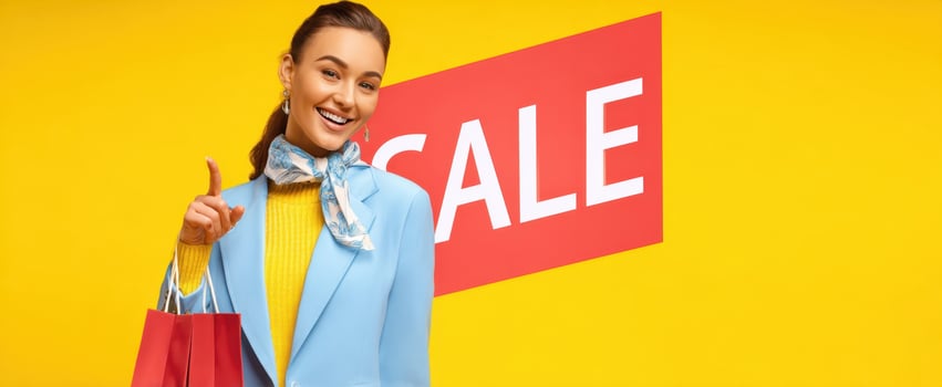 The stylish woman promoting sale with shopping bags against a vibrant background photo