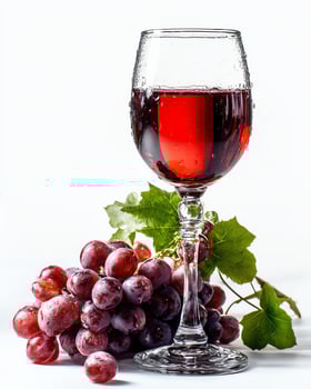 Elegant red wine glass with fresh grapes. photo
