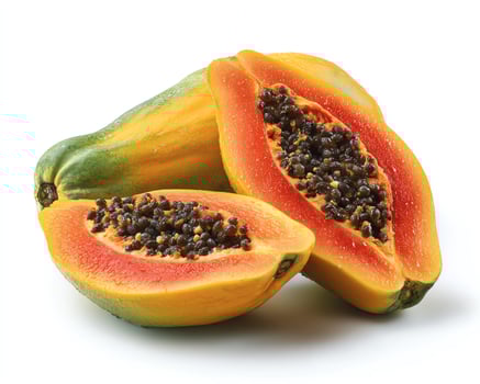 Fresh cut papaya sliced in half revealing seeds. photo