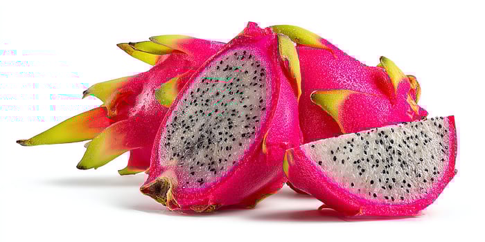 Vibrant dragon fruit pieces on white background. photo