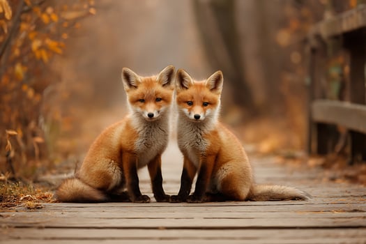 Two adorable red fox cubs sitting together on a wooden path in an autumn forest. photo
