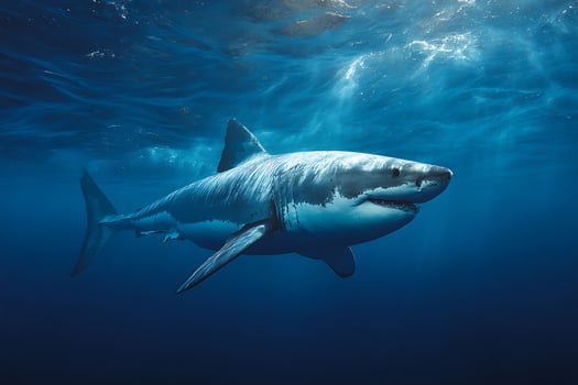 Majestic Great White Shark Swimming in Deep Blue Ocean with Sunlight Filtering Through Water photo