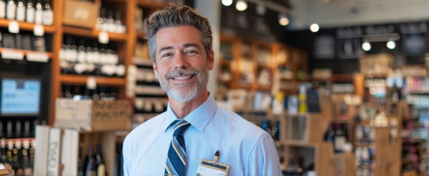 The friendly store employee in a wine shop showcasing exceptional customer service. photo