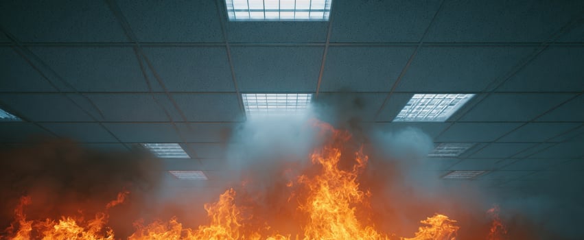 The dramatic scene of flames engulfing an office space in chaos. photo