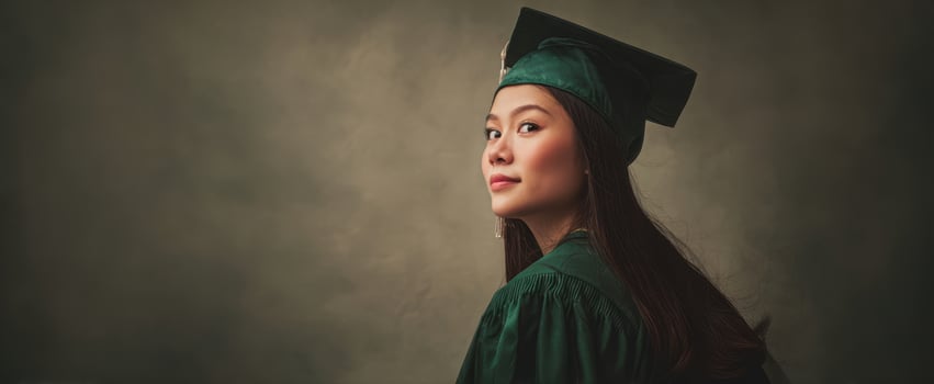 The young graduate in a green gown exudes confidence and pride. photo