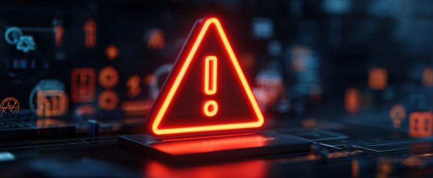 The vibrant neon warning sign illuminating a digital landscape. photo