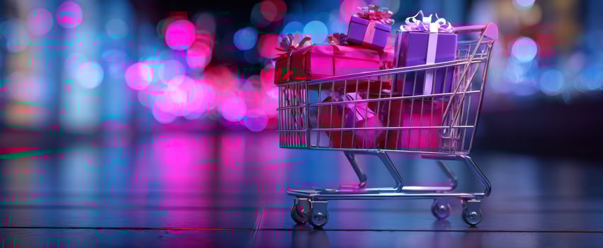 The vibrant shopping cart filled with colorful gifts and holiday cheer. photo