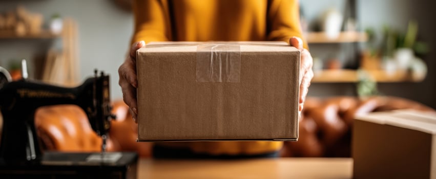 The box being presented in a cozy home workspace setting. photo