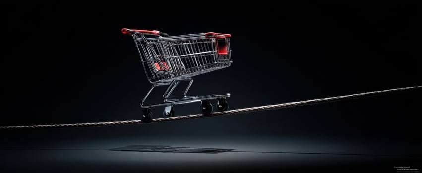 The shopping cart balanced precariously on a tightrope amidst deep shadows. photo
