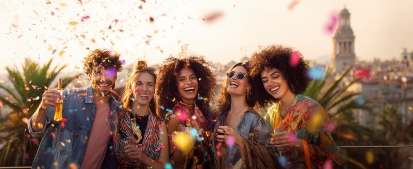 The joyful gathering of friends celebrating with laughter and confetti at sunset. photo