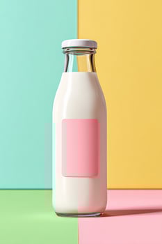Kefir bottle with blank pink label standing on colorful background photo