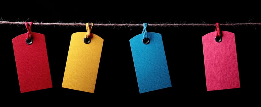 The colorful tags hanging on a rope against a black background. photo
