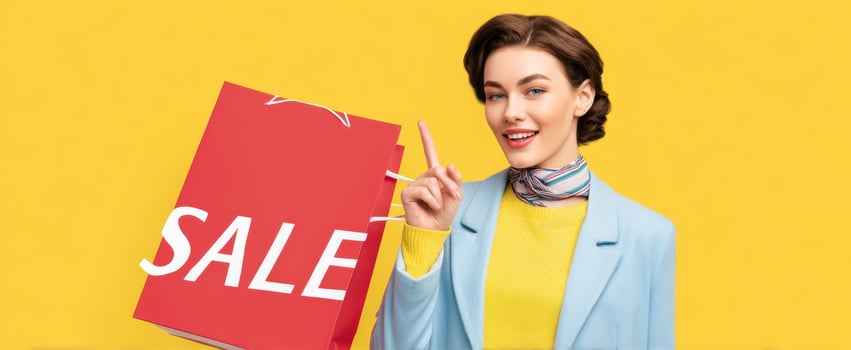 The joyful woman promoting a sale with vibrant shopping bag against yellow backdrop. photo