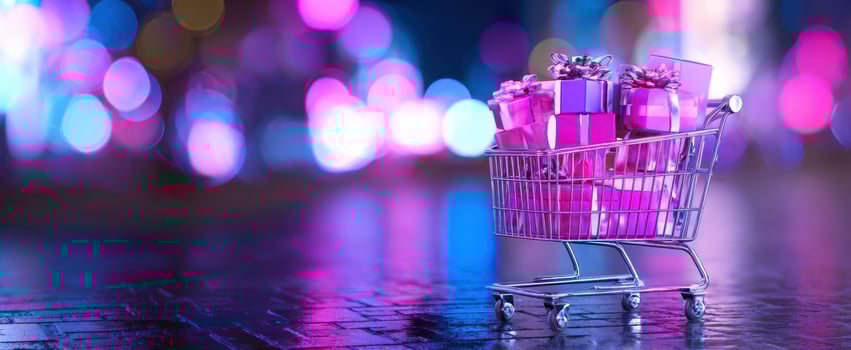 The Shopping Cart Filled with Colorful Gifts in a Festive Atmosphere photo