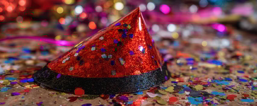 The vibrant red party hat gleaming amidst festive confetti and decorations. photo