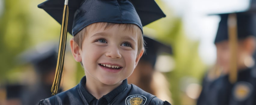 The joyful young boy celebrating his graduation in a sunny outdoor setting. photo