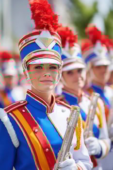 Marching band musicians standing in formation during parade photo