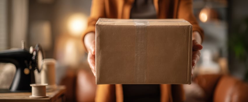 The hands delivering a neatly packaged box in a cozy workspace setting. photo