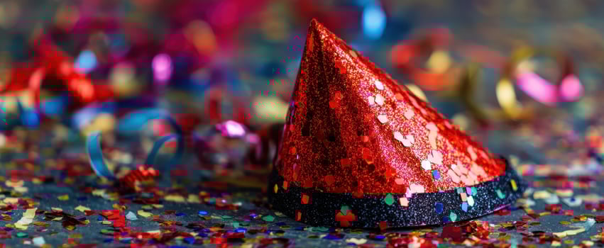 The vibrant red party hat amidst colorful confetti and festive decorations. photo