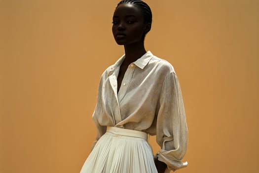 Elegant Woman Poses Gracefully in a Sunlit Room Wearing a Flowing White Outfit. photo