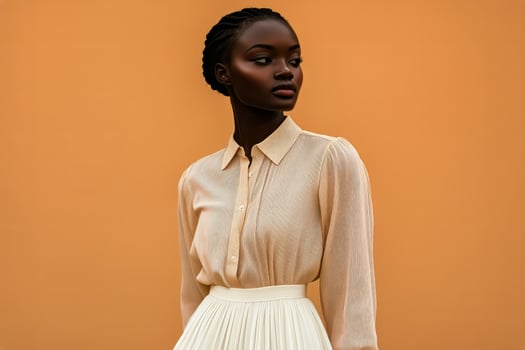 Elegant Model Poses Against a Vibrant Orange Wall Showcasing Fashion and Style in Sunny Weather photo