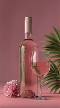 Refreshing Rose Wine Bottle and Glass With Floral Accent on Pink Background photo
