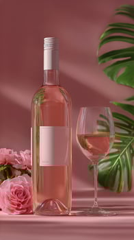 Refreshing Rose Wine Bottle and Glass With Floral Accent on Pink Background. photo