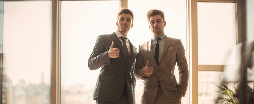 The two confident men giving thumbs up in a modern office setting. photo
