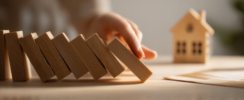 The wooden blocks represent the fragility of homeownership and construction strategies. photo