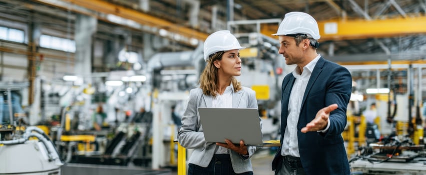 The professionals discussing strategies in a modern industrial factory environment. photo