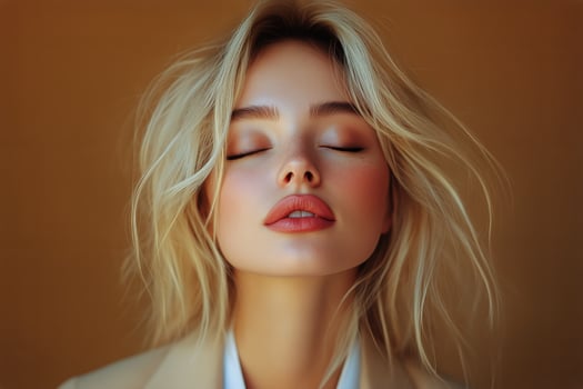 Young Woman With Closed Eyes and Flowing Hair Against a Warm Background During a Serene Moment photo