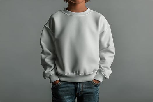 Child Wearing a Plain White Sweatshirt and Jeans Against a Neutral Background in a Studio Setting photo