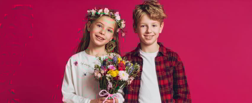 The cheerful children with flowers and joyful expressions against a pink background. photo