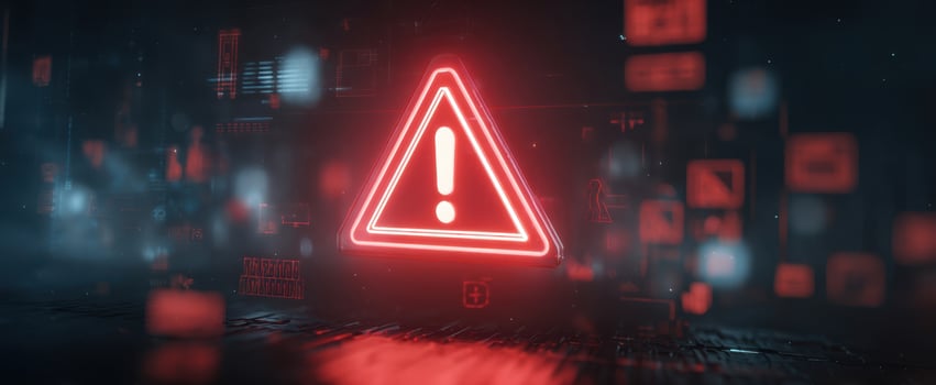 The neon warning sign glowing in a futuristic digital landscape. photo