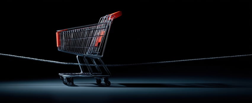 The sleek shopping cart balanced on a thin rope in a dark setting. photo
