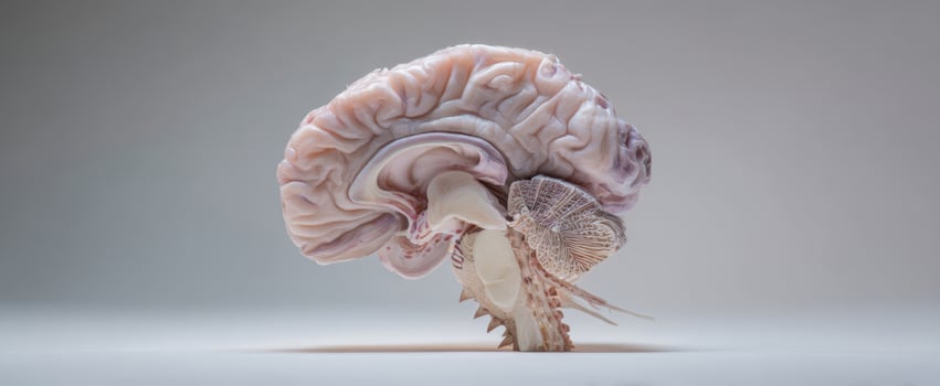 The brain model in sagittal view highlighting the cerebellum and brainstem on a neutral background photo
