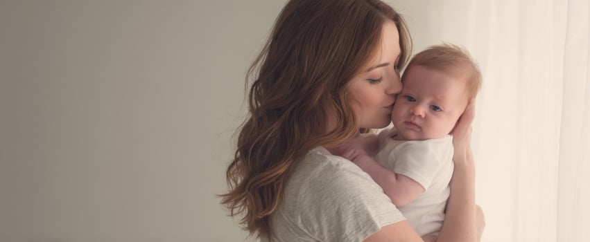The mother tenderly holding her newborn baby against soft natural light in a minimalist room photo