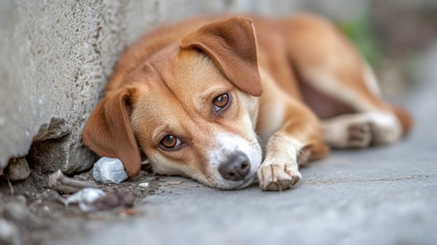 A dog laying on the ground next to a wall photo