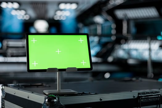 Close up of green screen mockup tablet in spacecraft on top of cargo container. Chroma key isolated screen device in futuristic spaceship during deep space mission operations photo