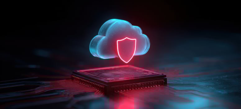 The cloud shield hovering above a microchip on a futuristic circuit board photo
