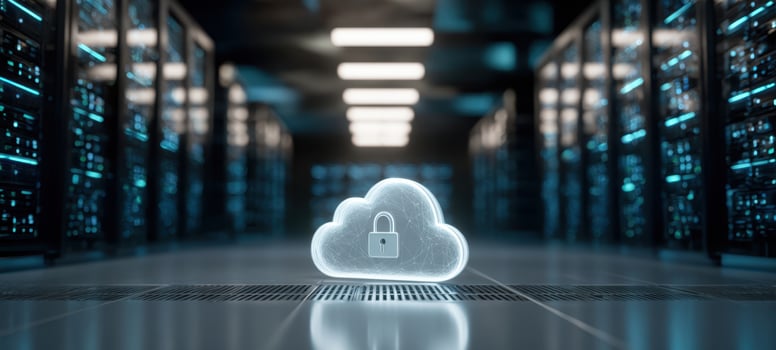 The Cloud Lock Icon in a Modern Data Center Emphasizing Cybersecurity and Cloud Computing photo