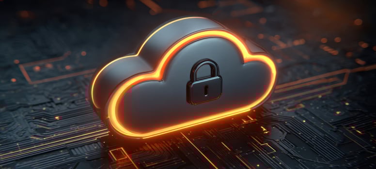 The cloud security lock glowing over a futuristic circuit board with neon orange accents photo