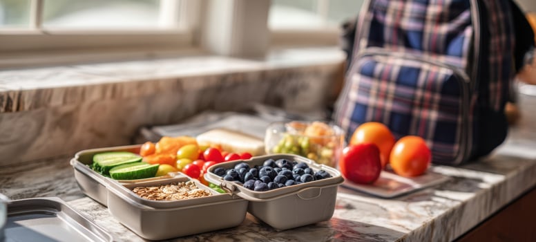 The Bento Box Lunch with Fresh Fruits Vegetables Nuts and Snacks on Counter photo