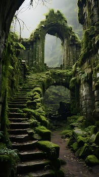 A stone archway leads to a moss covered building photo