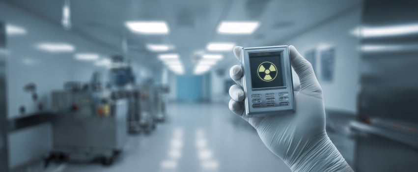 The Geiger counter displaying radiation warning held in gloved hand inside sterile laboratory photo