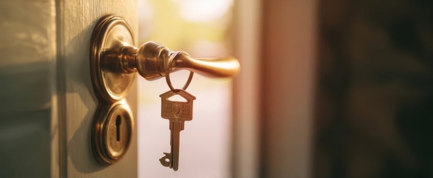 The Key Hanging in a Brass Door Lock Bathed in Warm Sunset Light photo