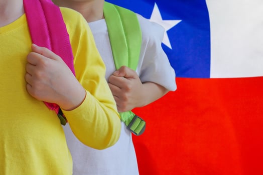 Two kids with satchels background of Chile flag photo