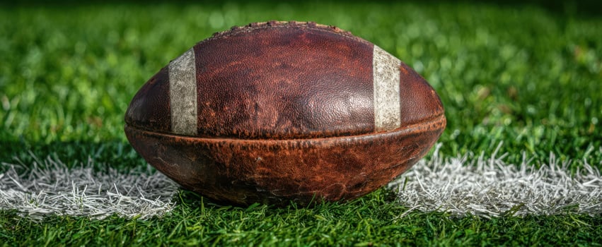 The Football Resting on a White Line of a Green Turf Field Close Up photo